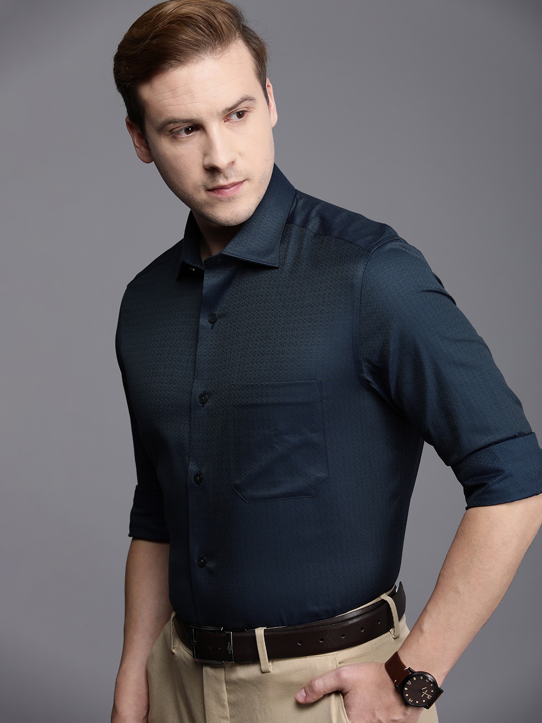 

Louis Philippe Gods & Kings Men Dark Blue Classic Self-Design Giza Cotton Formal Shirt