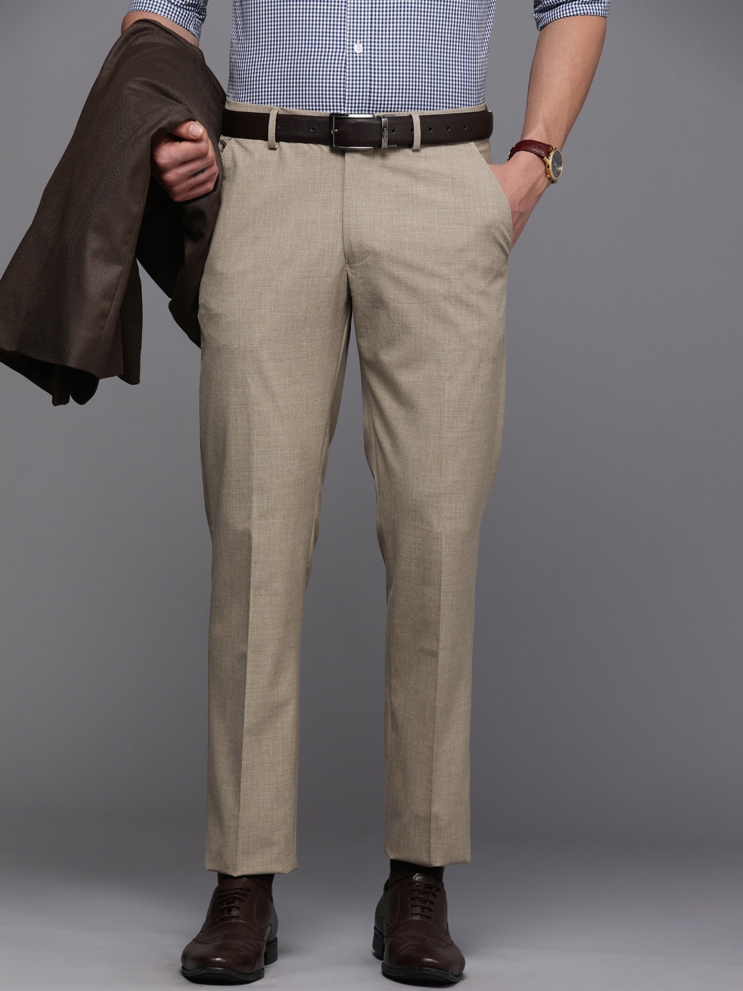 

Louis Philippe Men Beige Solid Slim Fit Mid-Rise Formal Trousers