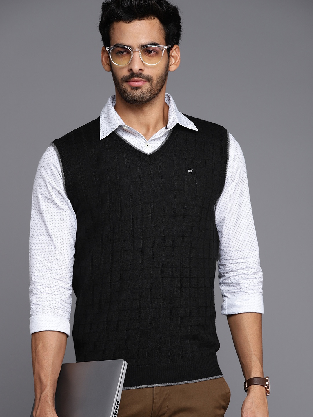 

Louis Philippe Men Black Self Striped Pullover