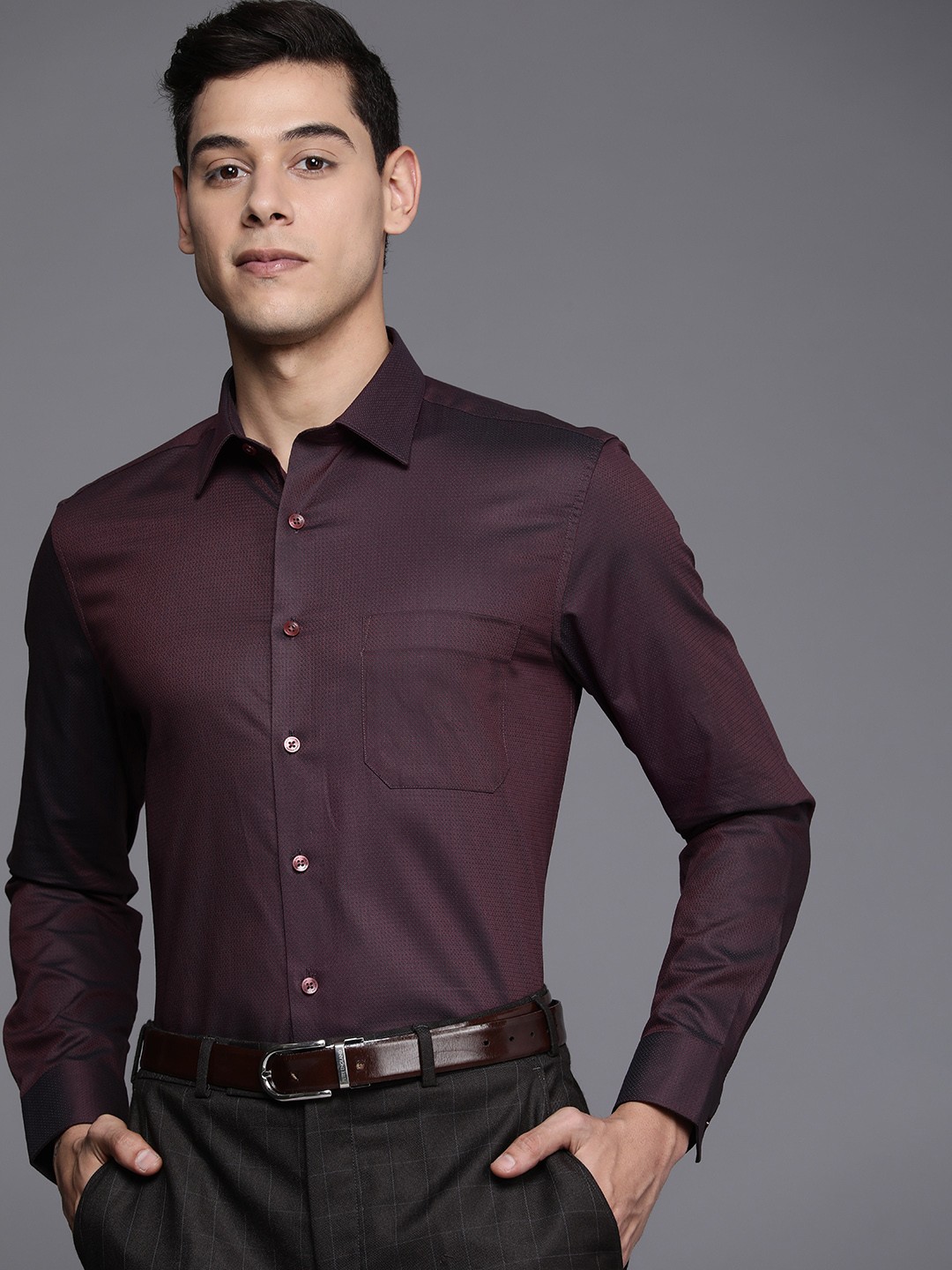 

Louis Philippe Men Burgundy Self Design Geometric Slim Fit Pure Cotton Formal Shirt