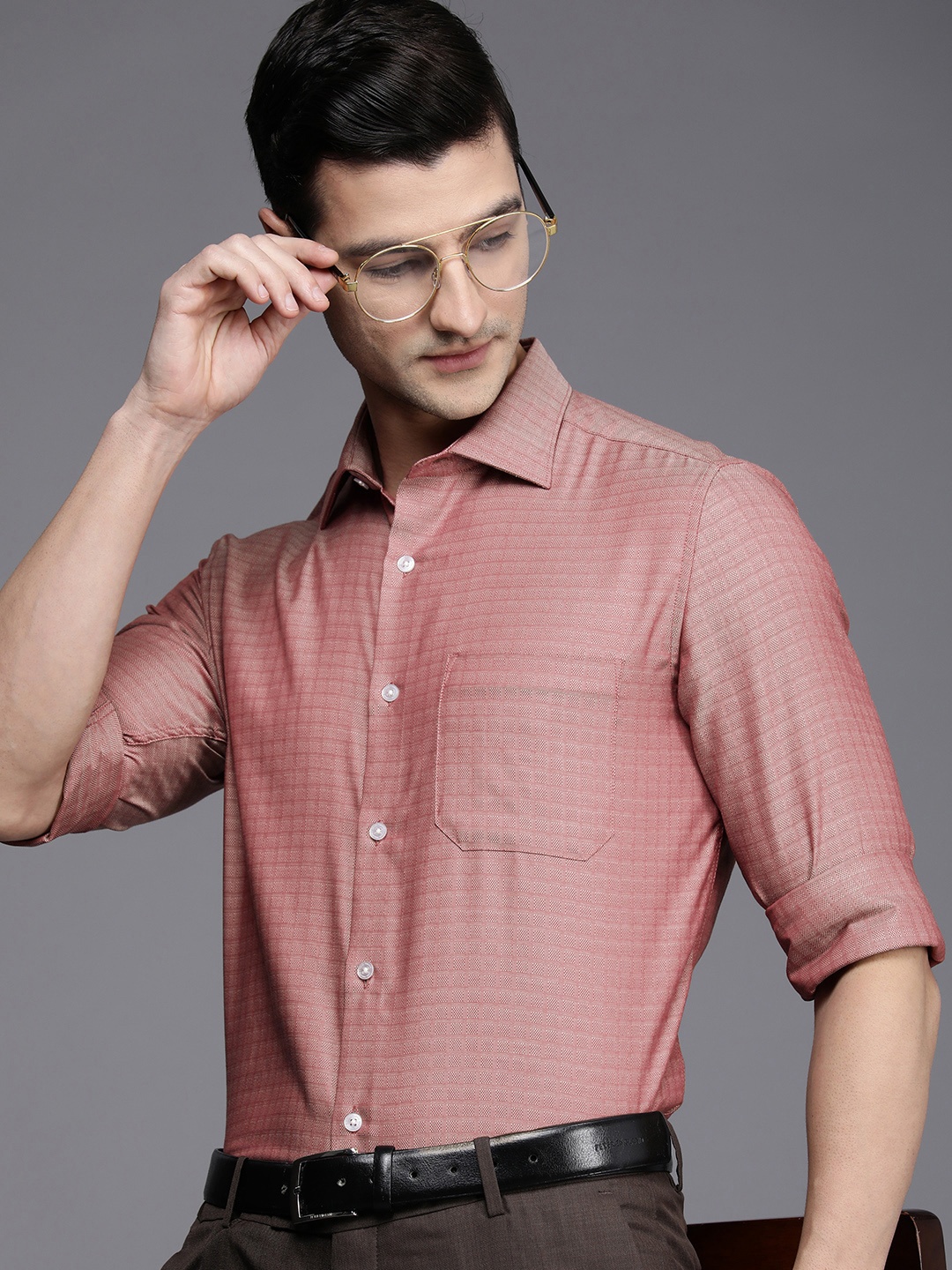

Louis Philippe Men Coral Red Classic Fit Textured Pure Cotton Formal Shirt