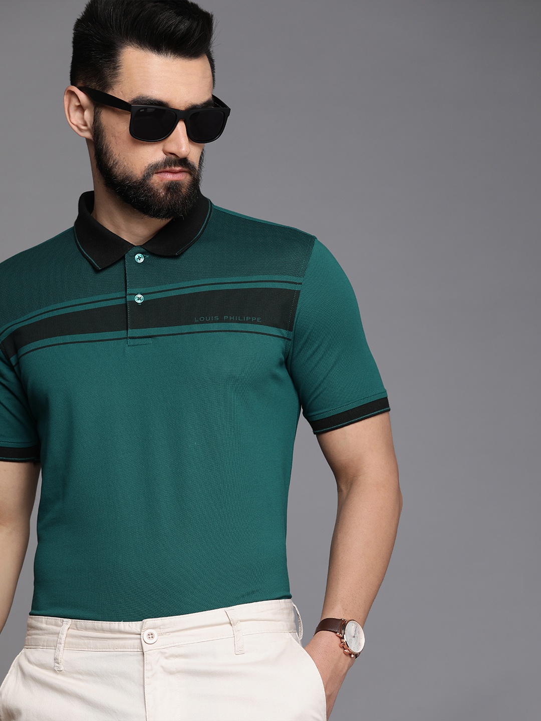 

Louis Philippe Men Self-Striped Polo Collar T-shirt, Green