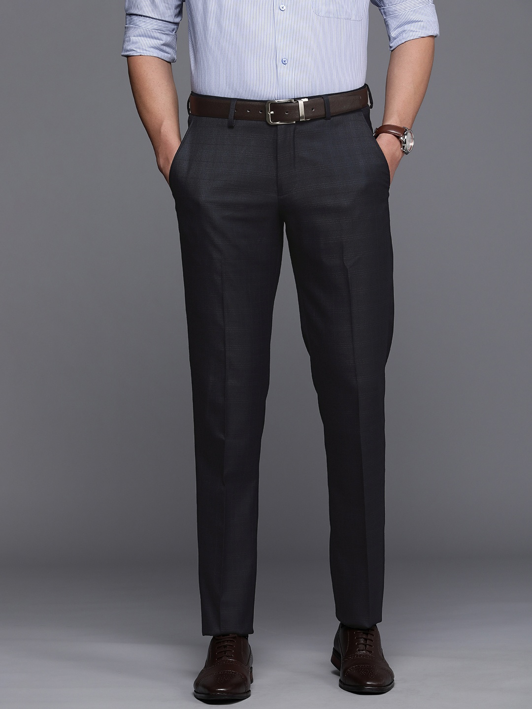 

Louis Philippe Men Navy Blue Slim Fit Checked Formal Trousers