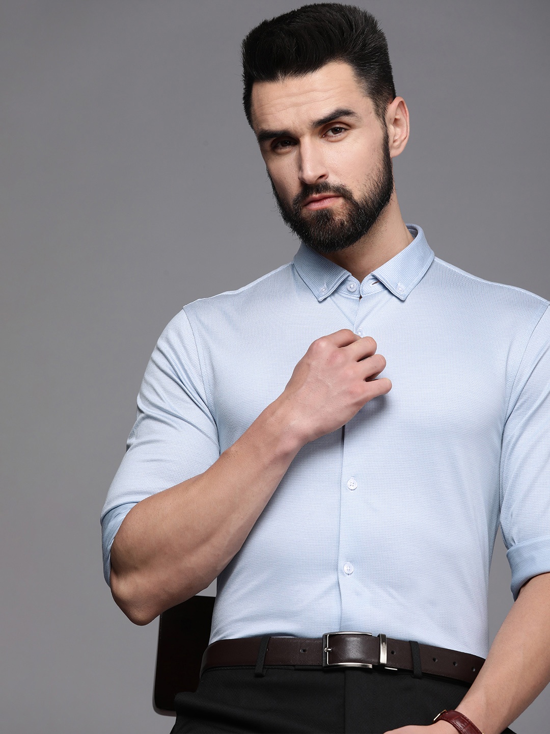 

Louis Philippe Blue Textured Pure Cotton Slim Fit Formal Shirt