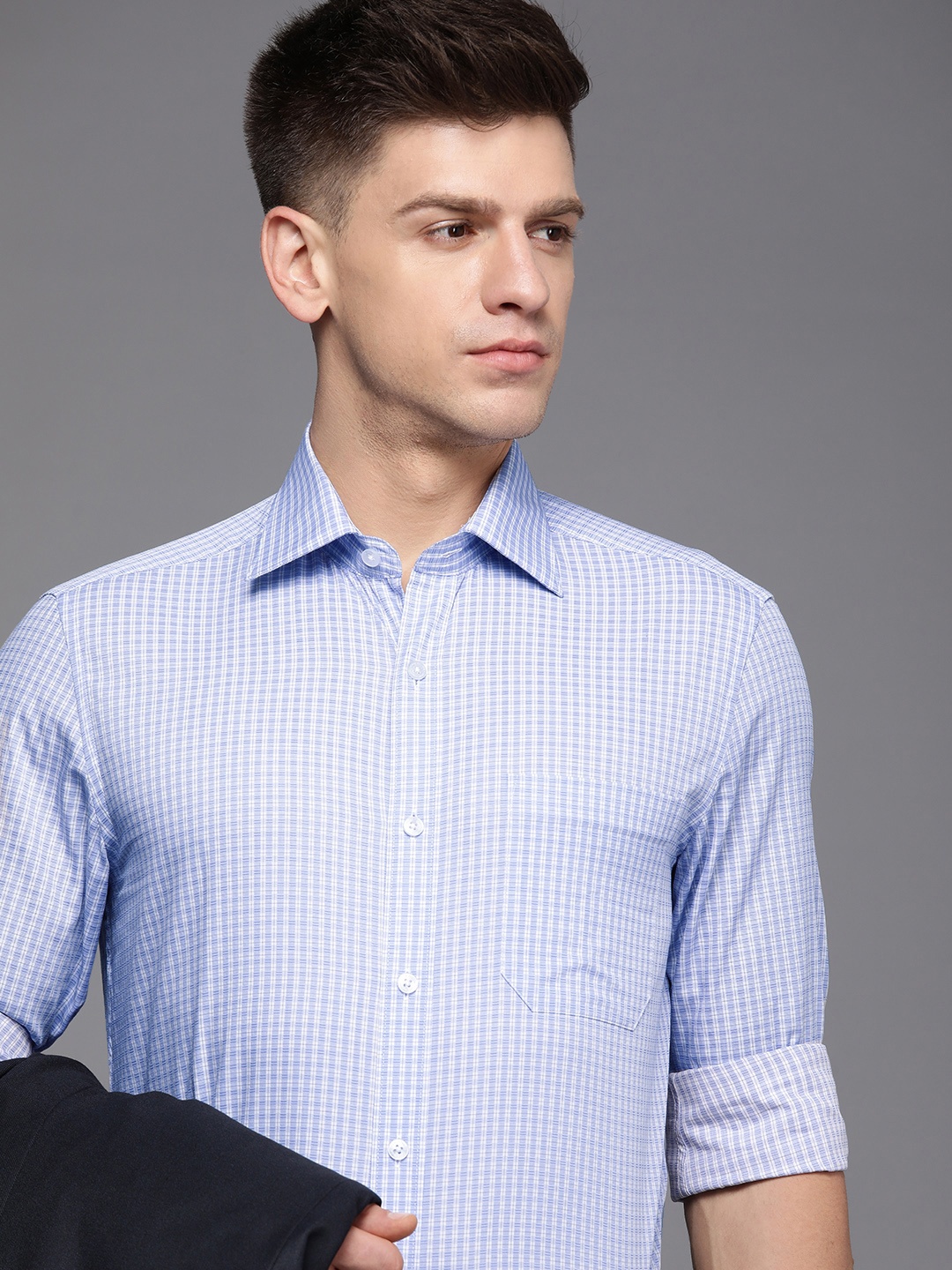 

Louis Philippe Men Blue & White Classic Fit Checked Pure Cotton Formal Shirt