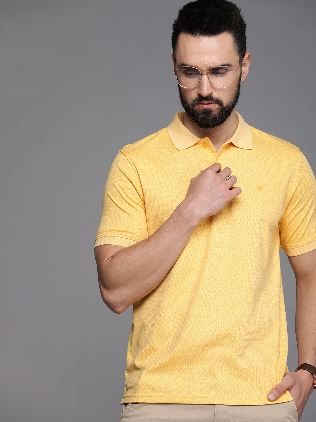 

Louis Philippe Men Micro-Ditsy Printed Polo Collar T-shirt, Yellow