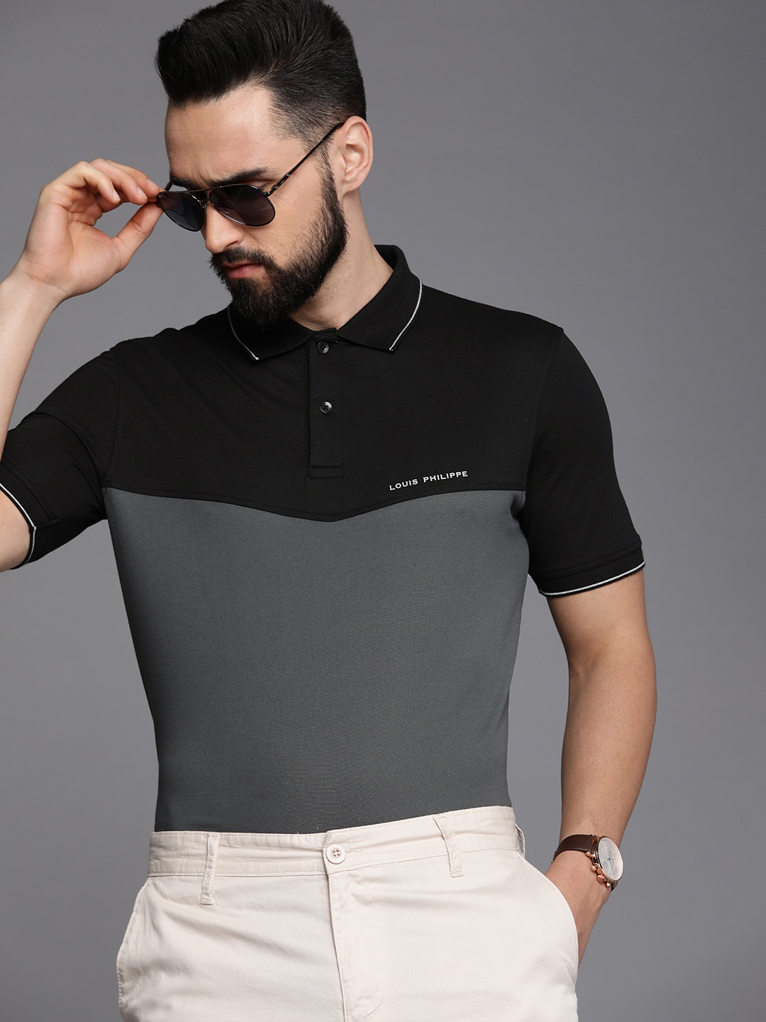 

Louis Philippe Men Colourblocked Polo Collar T-shirt, Black
