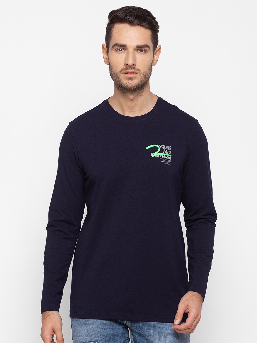 

SPYKAR Men Navy Blue Cotton Slim Fit Casual T-shirt