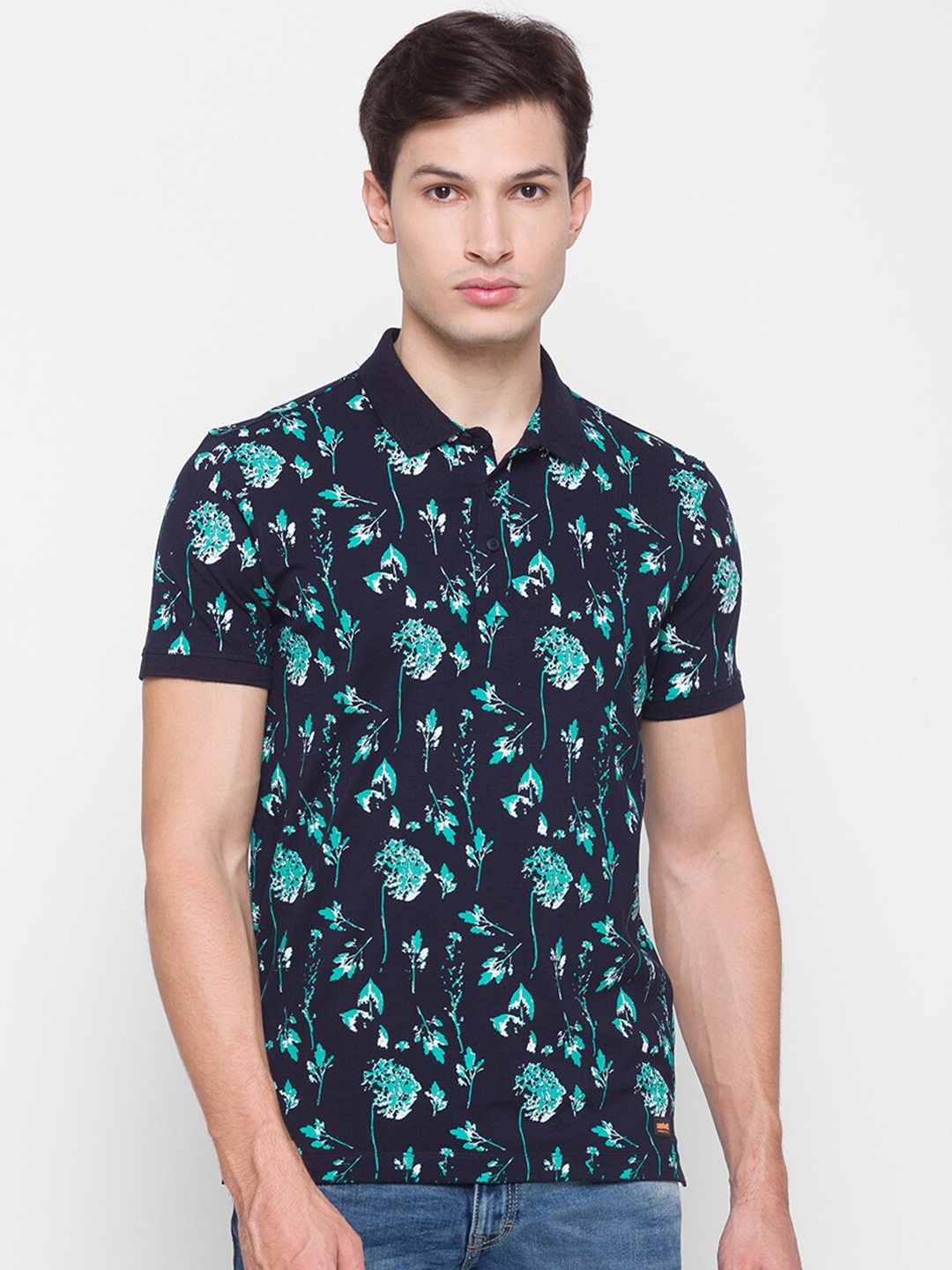 

SPYKAR Men Navy Blue & Turquoise Blue Floral Printed Cotton Polo Collar Slim Fit T-shirt