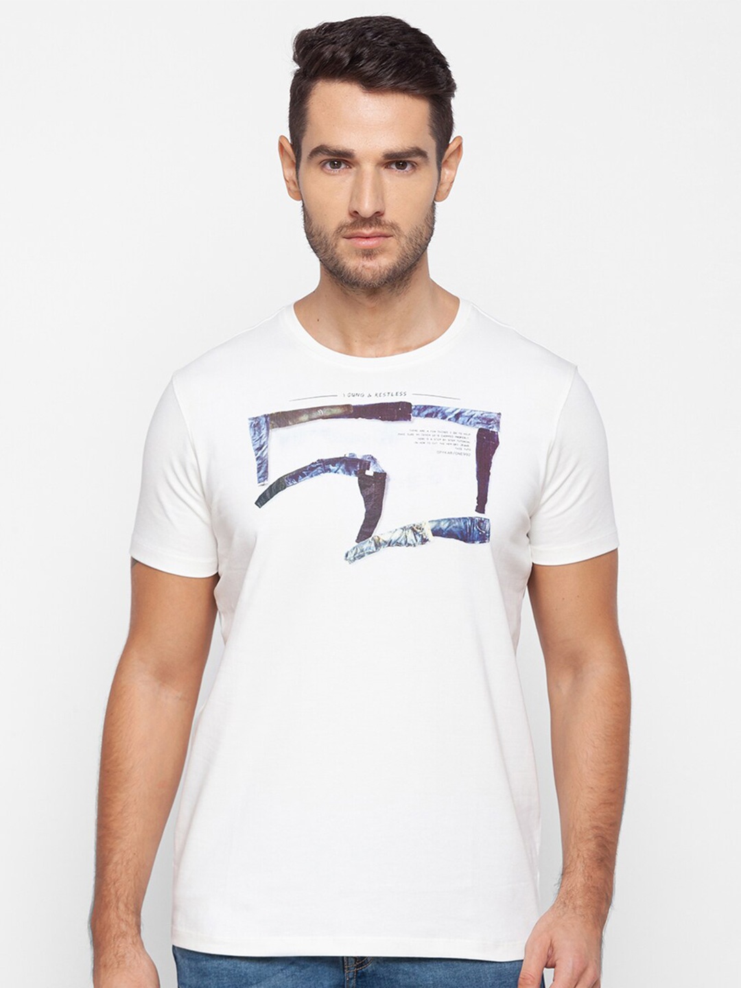 

SPYKAR Men Off White Printed Cotton Slim Fit T-shirt