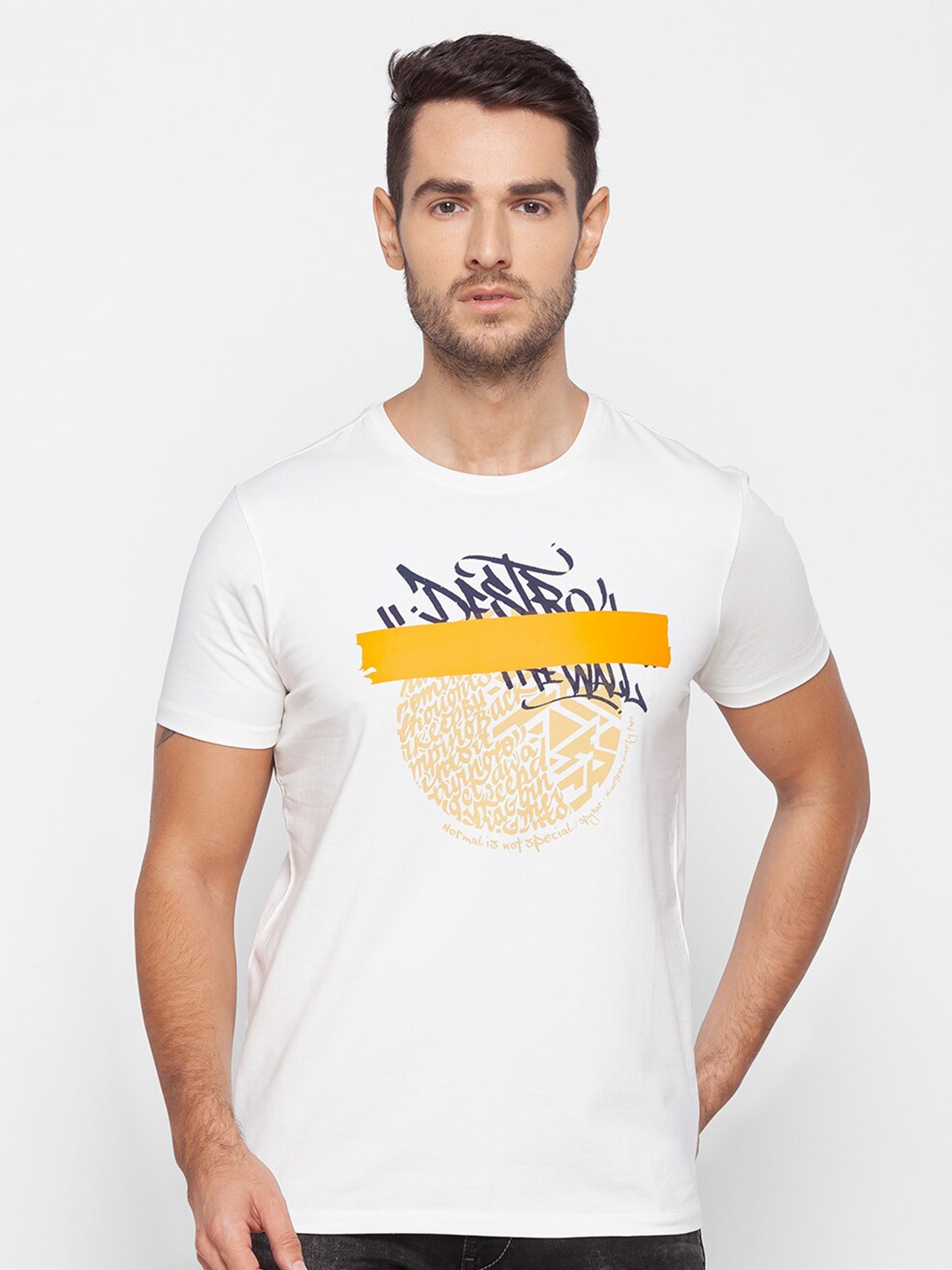 

SPYKAR Men White Typography Printed Cotton Slim Fit T-shirt