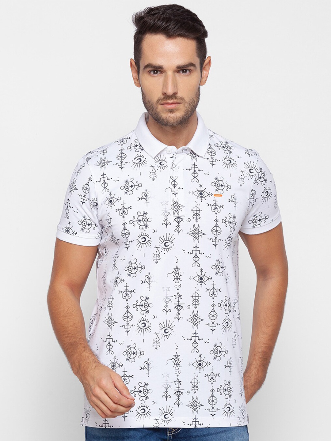 

SPYKAR Men White Printed Polo Collar Cotton Slim Fit T-shirt