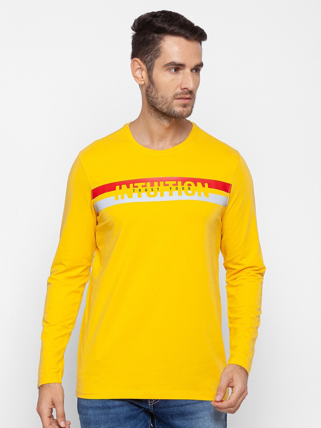 

SPYKAR Men Yellow Typography Printed Cotton Slim Fit T-shirt