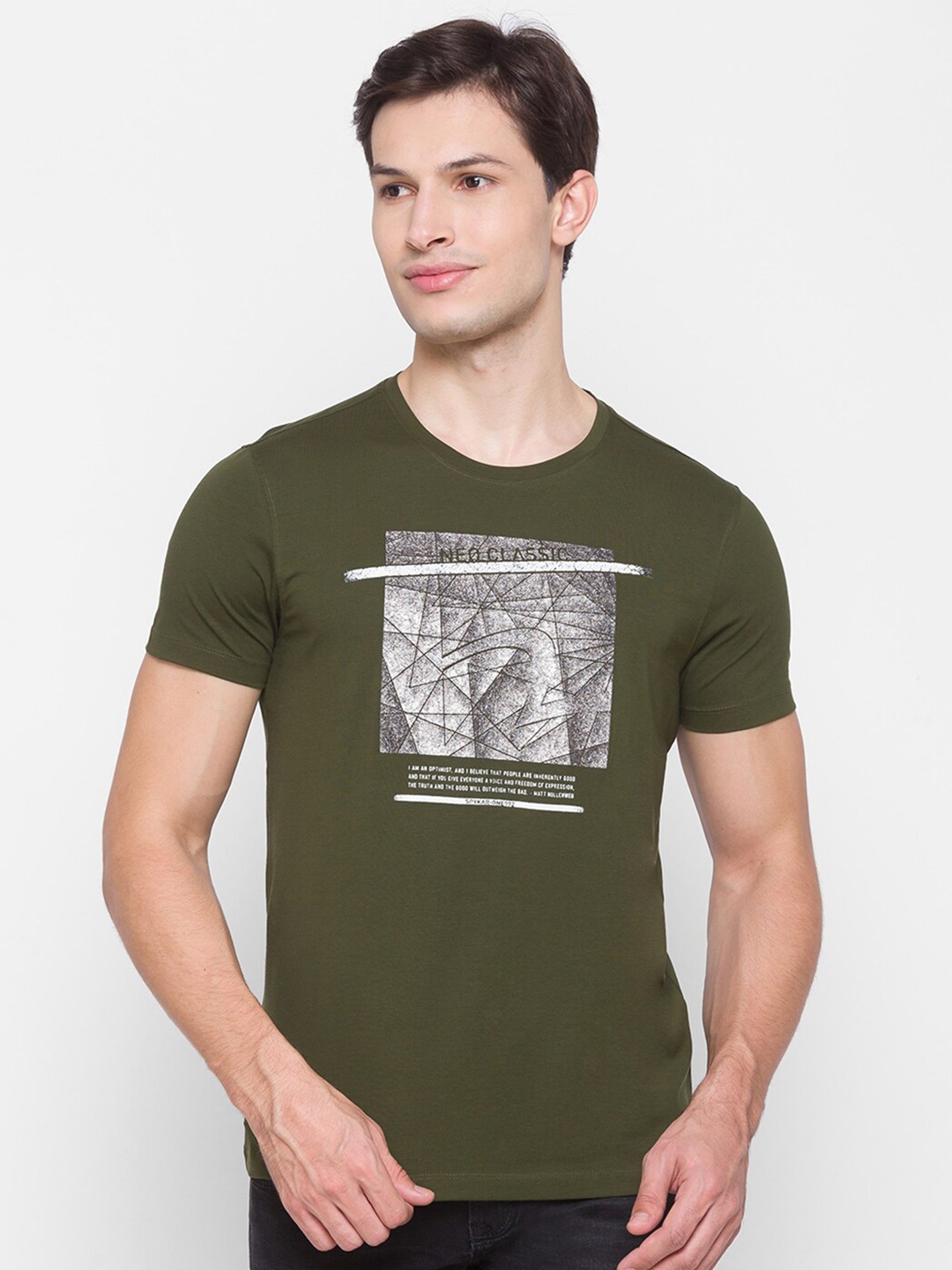 

SPYKAR Men Olive Green Printed Cotton Slim Fit T-shirt