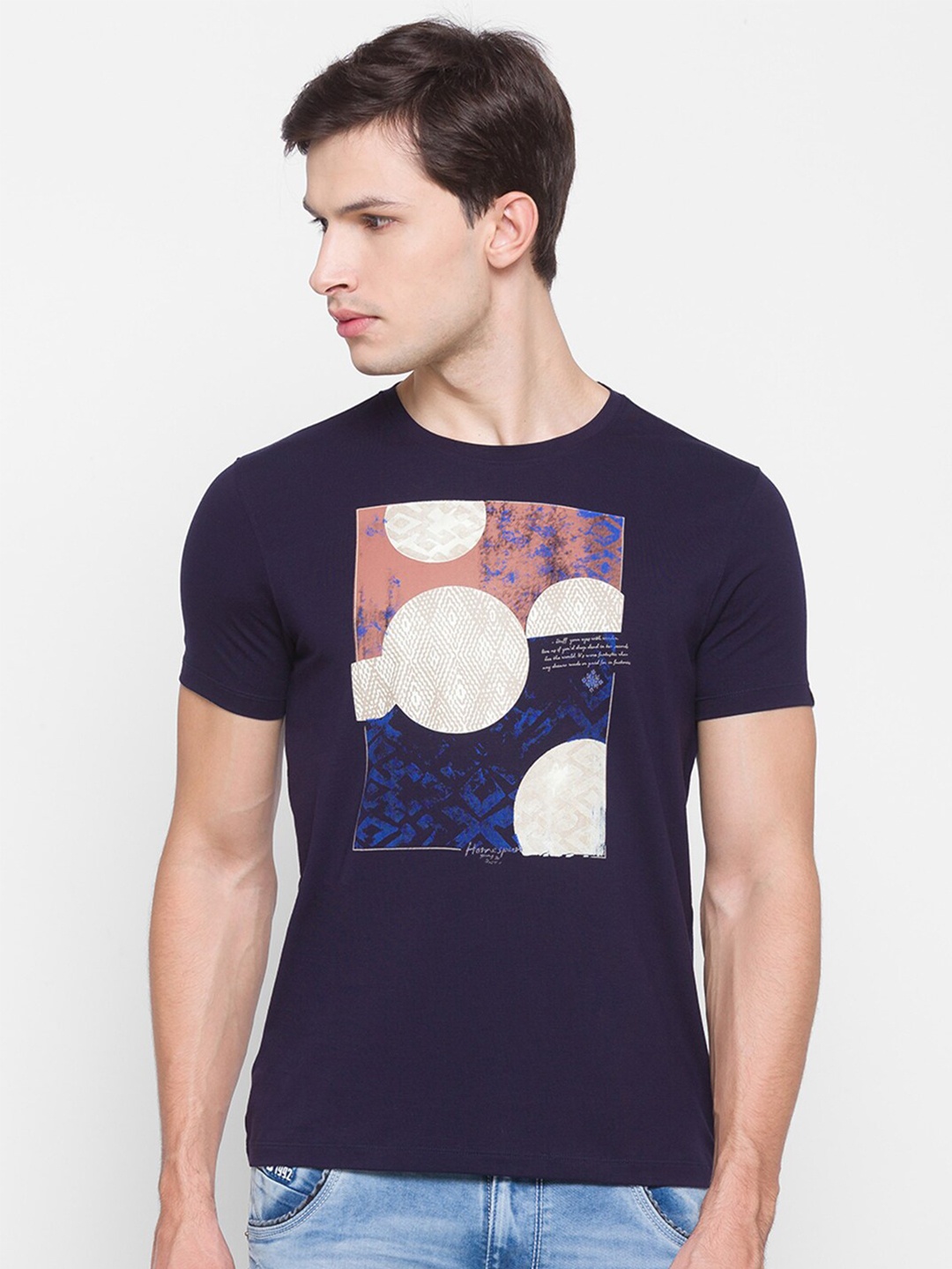 

SPYKAR Men Navy Blue Printed Cotton Slim Fit T-shirt