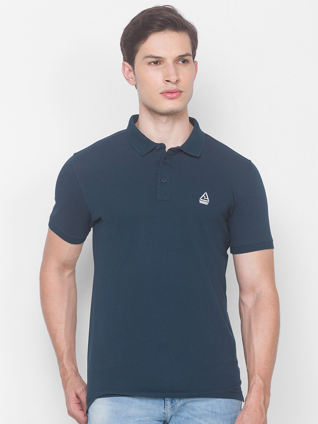 

SPYKAR Men Teal Blue Polo Collar Slim Fit Cotton T-shirt