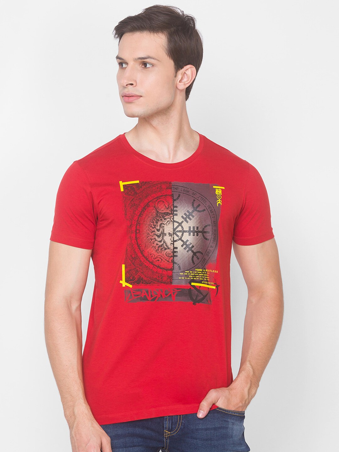 

SPYKAR Men Red Printed Cotton Slim Fit T-shirt