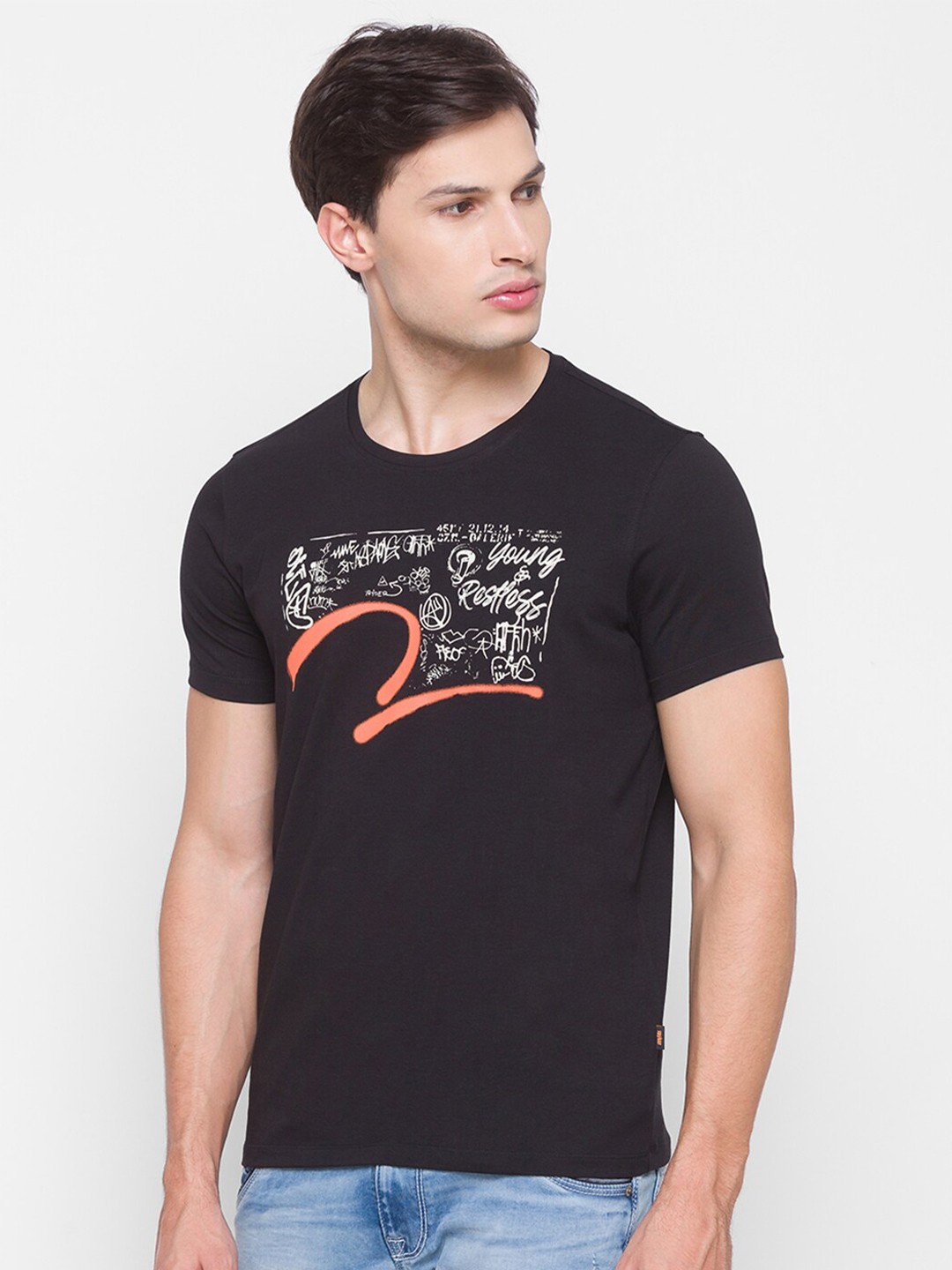 

SPYKAR Men Black Printed Cotton Slim Fit T-shirt