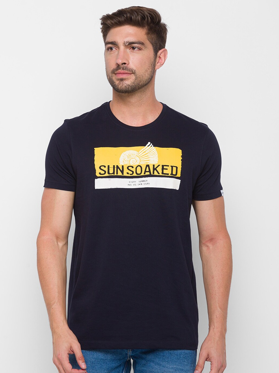 

SPYKAR Men Navy Blue Typography Printed Slim Fit Cotton T-shirt