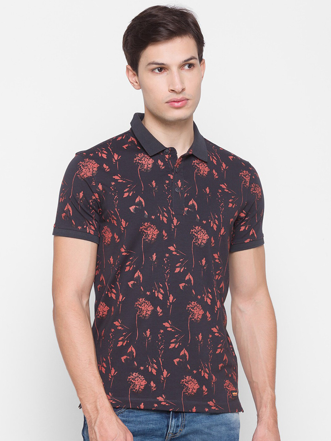 

SPYKAR Men Grey & Coral Floral Printed Polo Collar Slim Fit Cotton T-shirt