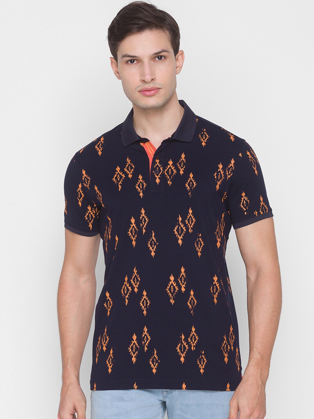 

SPYKAR Men Navy Blue Printed Polo Collar Slim Fit Cotton T-shirt
