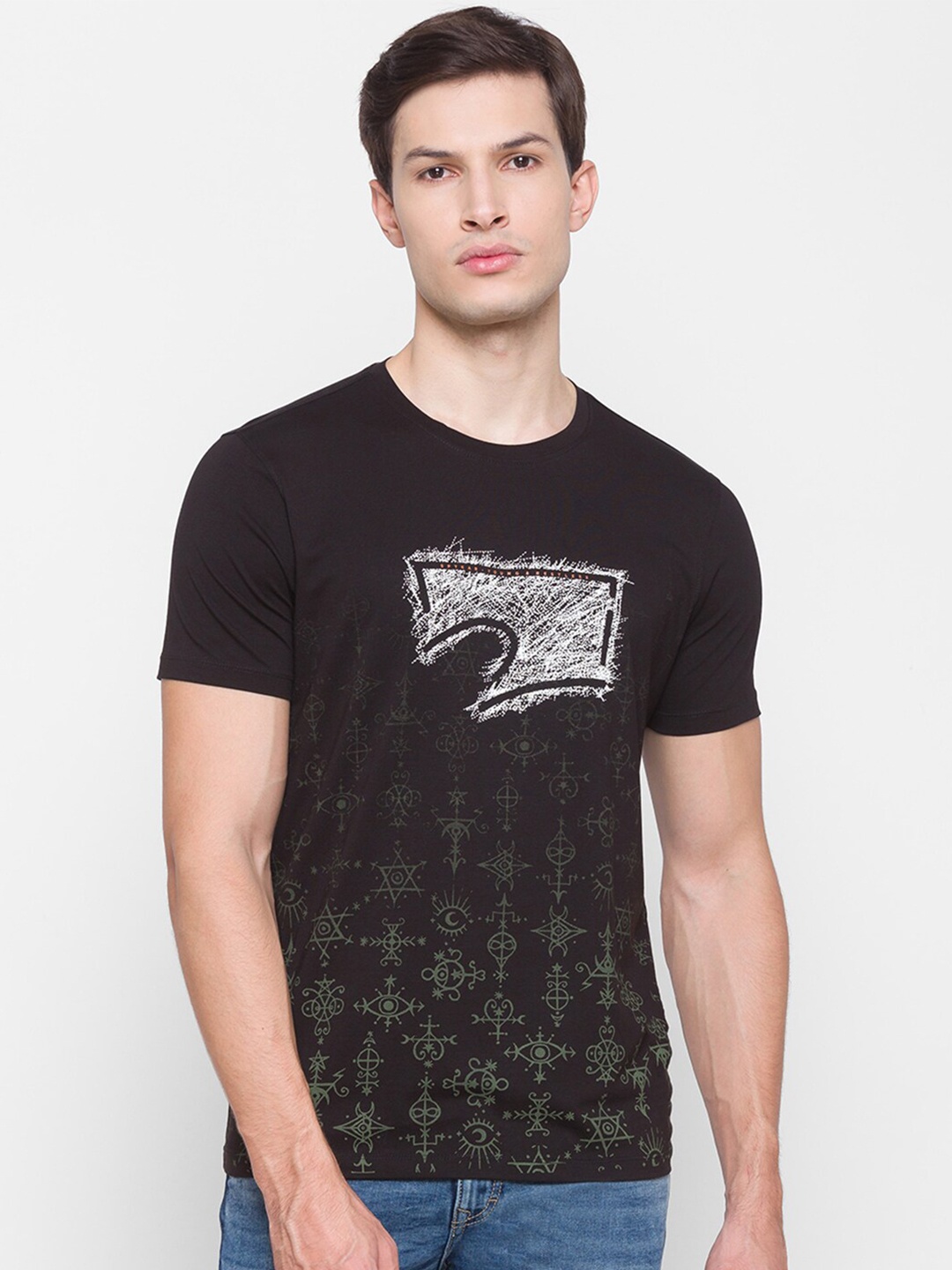 

SPYKAR Men Black Tribal Printed Slim Fit Cotton T-shirt