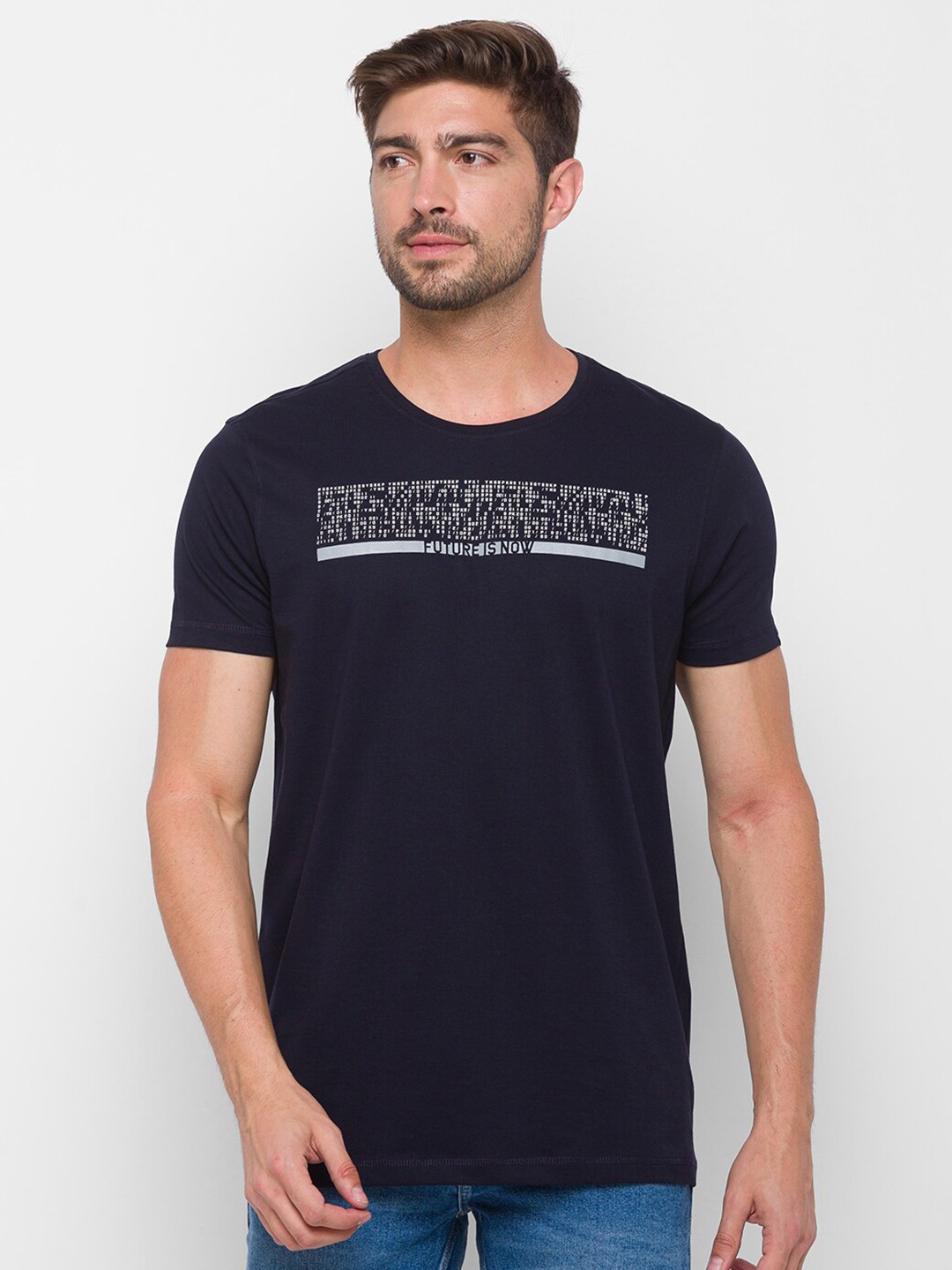 

SPYKAR Men Navy Blue Typography Printed Slim Fit Cotton T-shirt