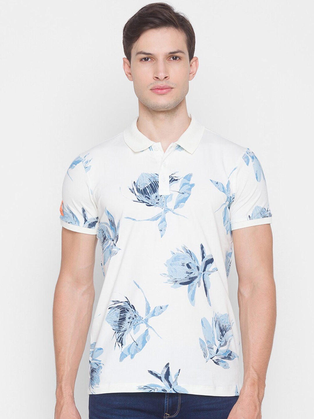 

SPYKAR Men Off White & Blue Floral Printed Polo Collar Slim Fit Cotton T-shirt