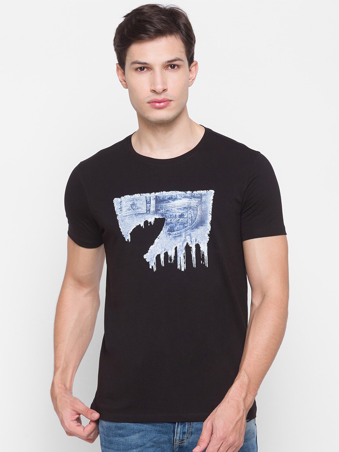 

SPYKAR Men Black Printed Slim Fit Cotton T-shirt