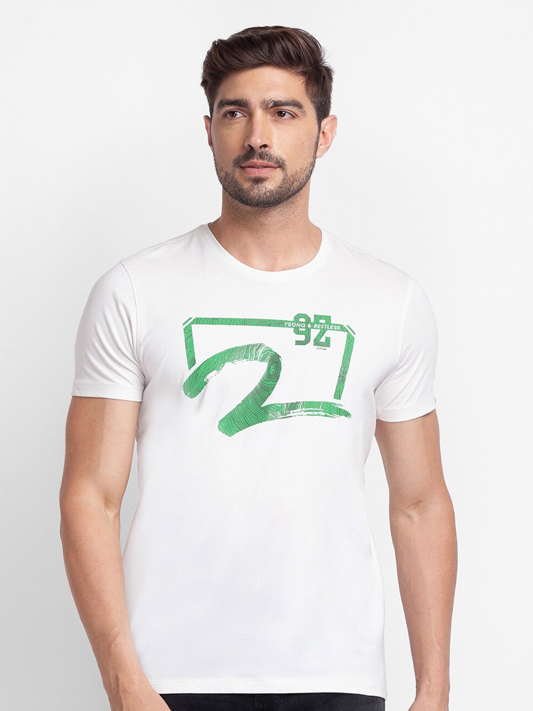 

SPYKAR Men White Printed Slim Fit Cotton T-shirt