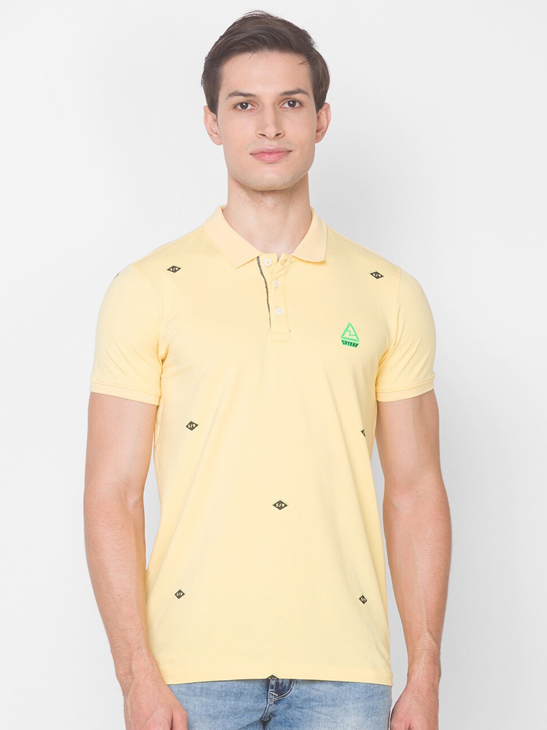 

SPYKAR Men Yellow Printed Polo Collar Slim Fit Cotton T-shirt