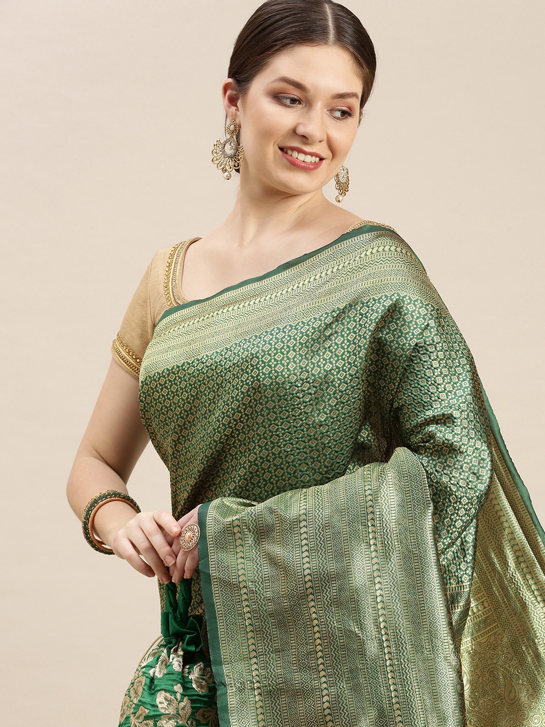 

MARGI DESIGNERS Ethnic Motifs Zari Saree, Green