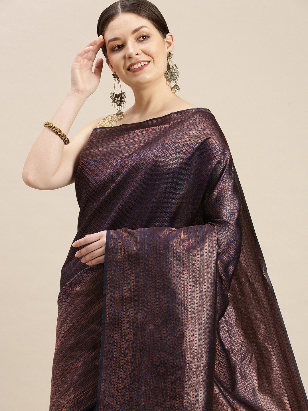 

MARGI DESIGNERS Woven Design Zari Banarasi Saree, Navy blue