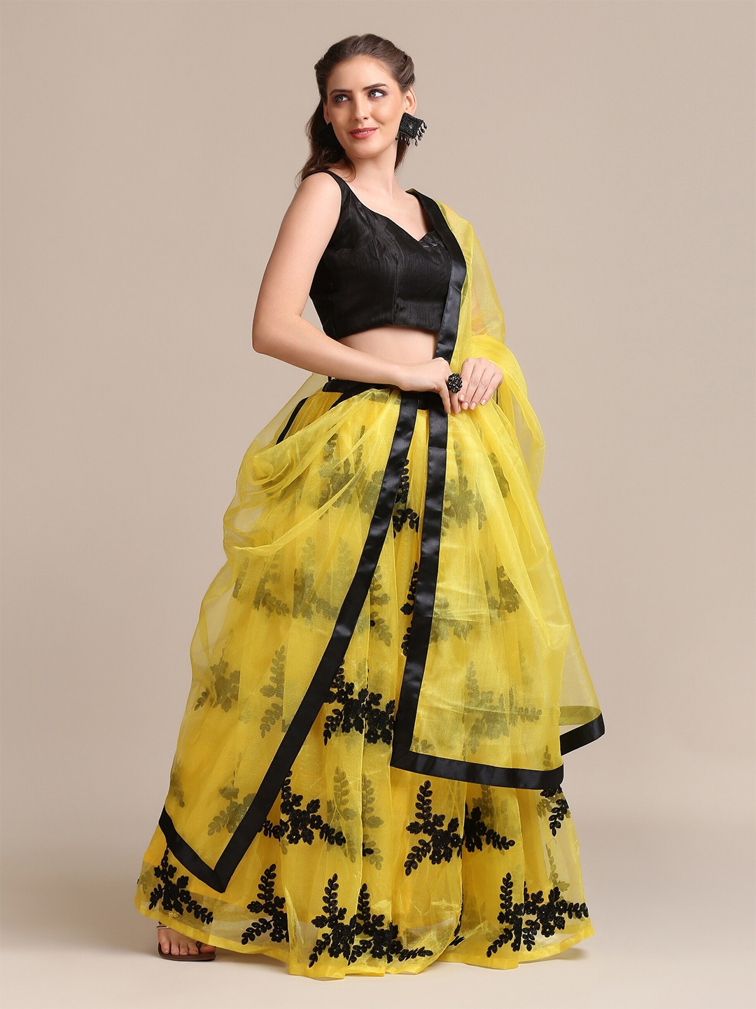 

Warthy Ent Yellow & Black Thread Work Semi-Stitched Lehenga & Unstitched Blouse With Dupatta