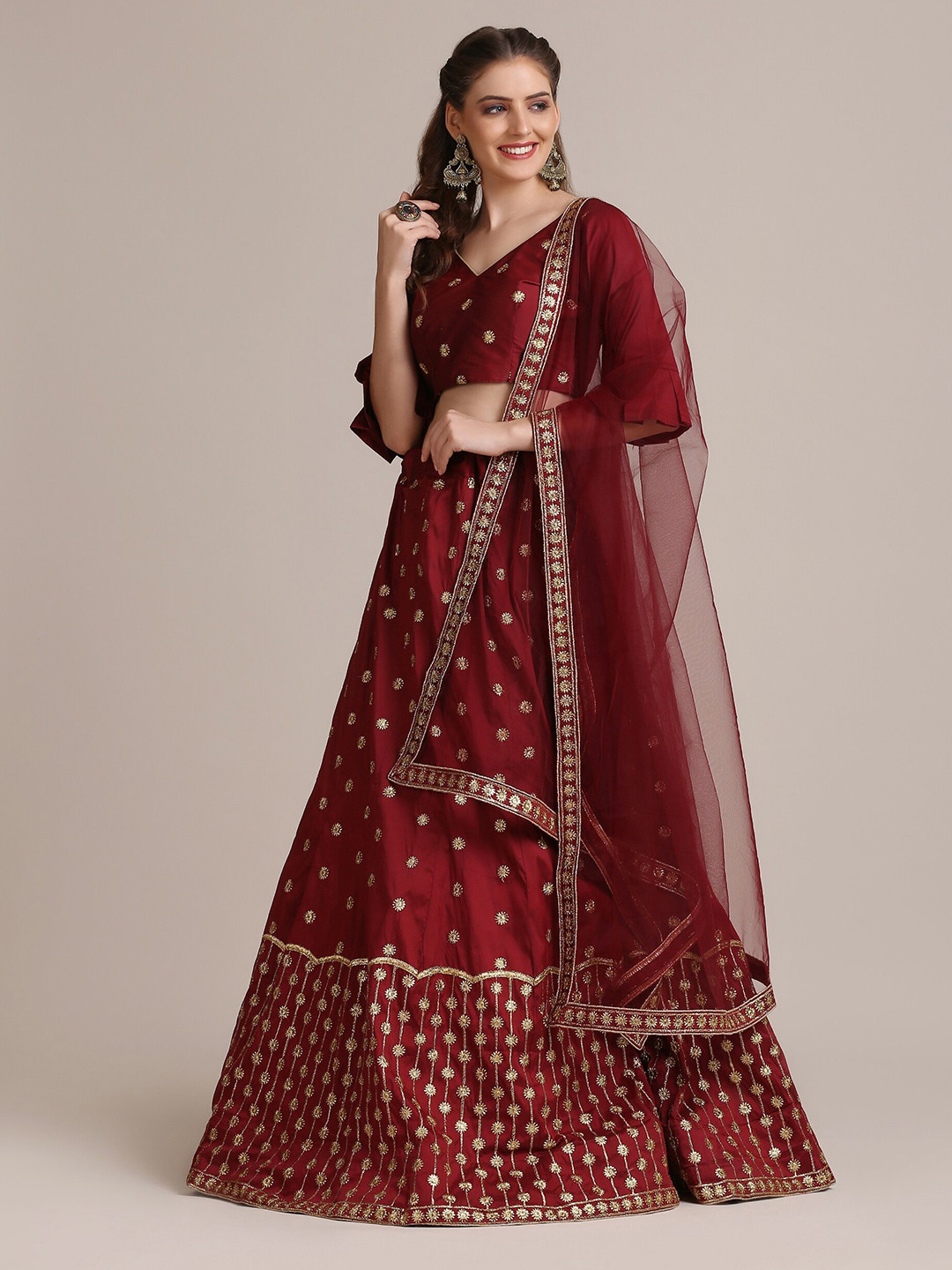 

Warthy Ent Maroon & Gold-Toned Embroidered Semi-Stitched Lehenga & Unstitched Blouse With