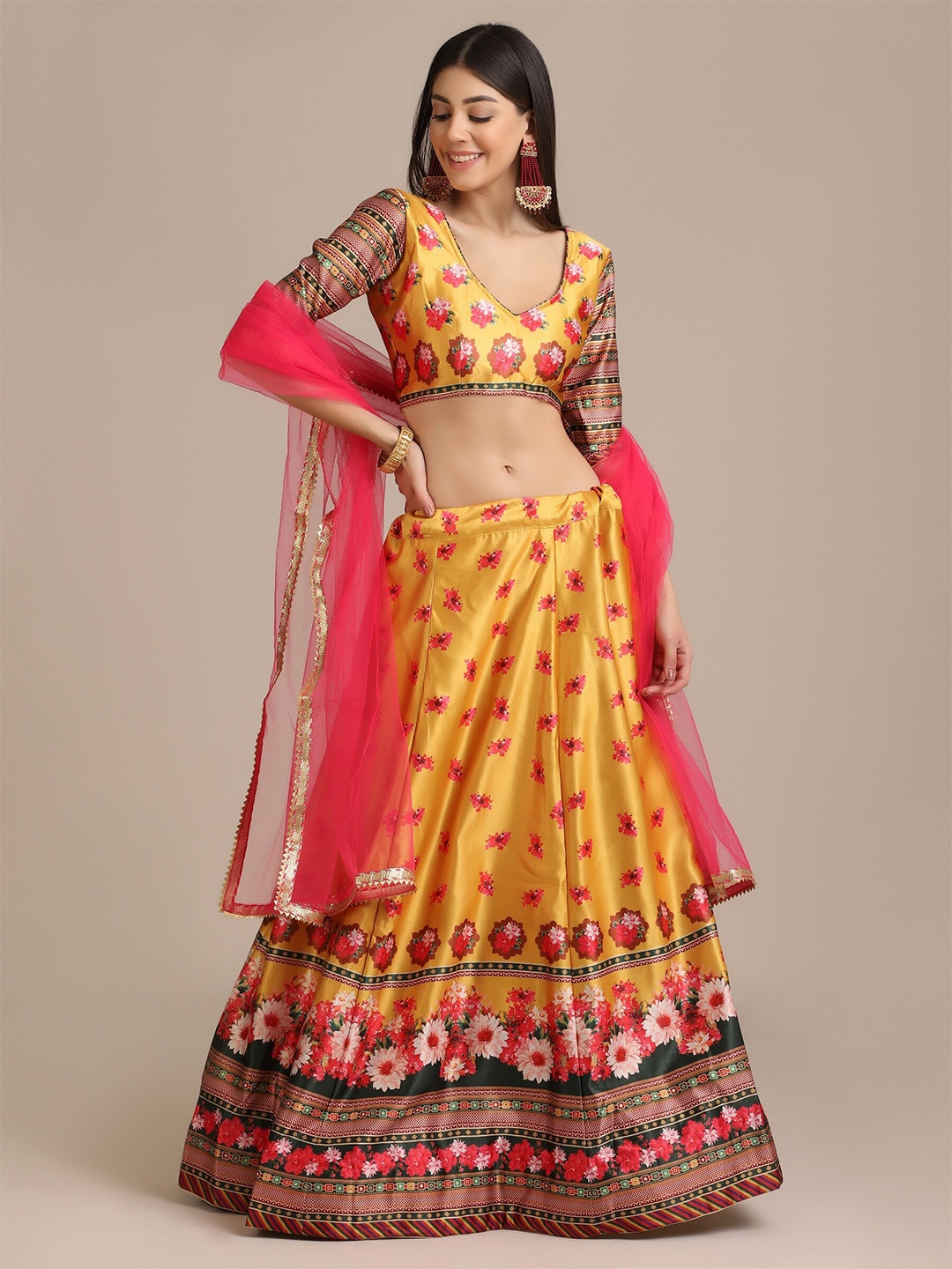 

Warthy Ent Yellow & Pink Printed Semi-Stitched Lehenga & Unstitched Blouse With Dupatta