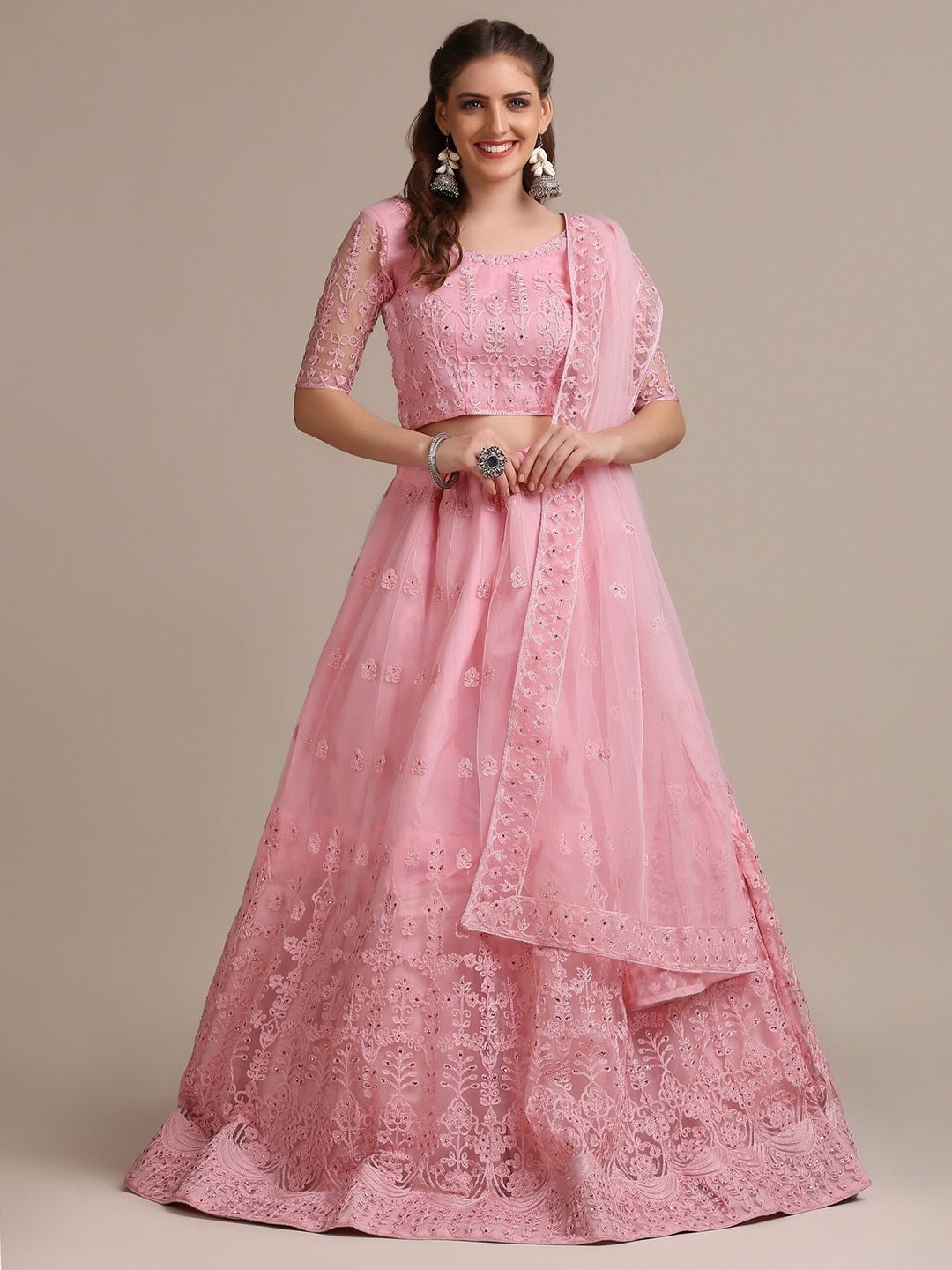 

Warthy Ent Pink Embroidered Thread Work Semi-Stitched Lehenga & Blouse With Dupatta