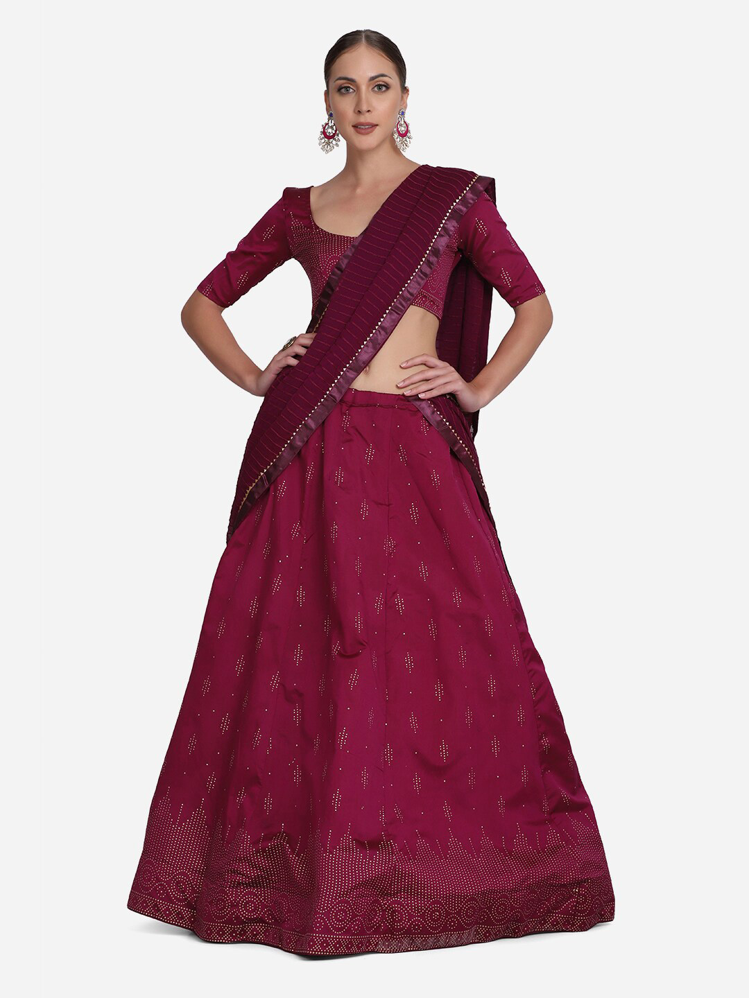 

Warthy Ent Purple & Gold-Toned Semi-Stitched Lehenga & Unstitched Blouse With Dupatta Set
