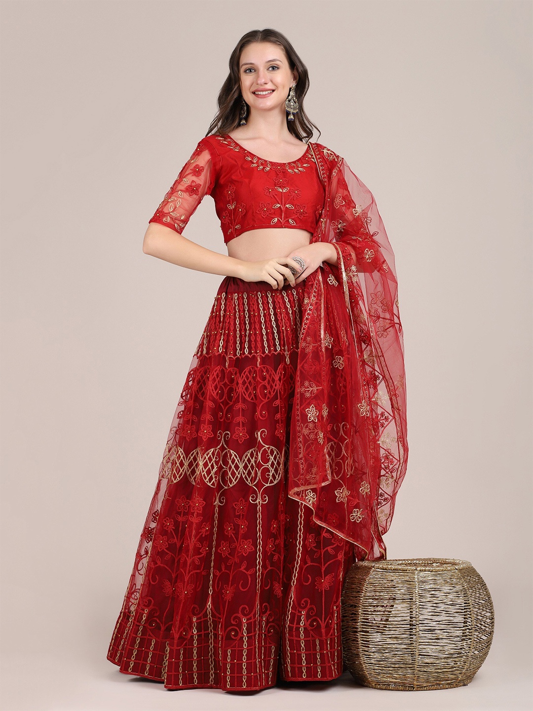 

Warthy Ent Red & Gold-Toned Embroidered Thread Work Semi-Stitched Lehenga & Unstitched Blouse With Dupatta