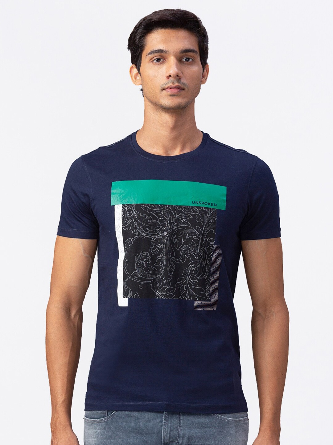 

SPYKAR Men Navy Blue Printed Cotton Slim Fit T-shirt