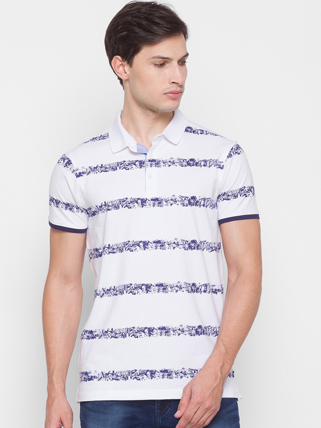 

SPYKAR Men White Striped Polo Collar Cotton Slim Fit T-shirt