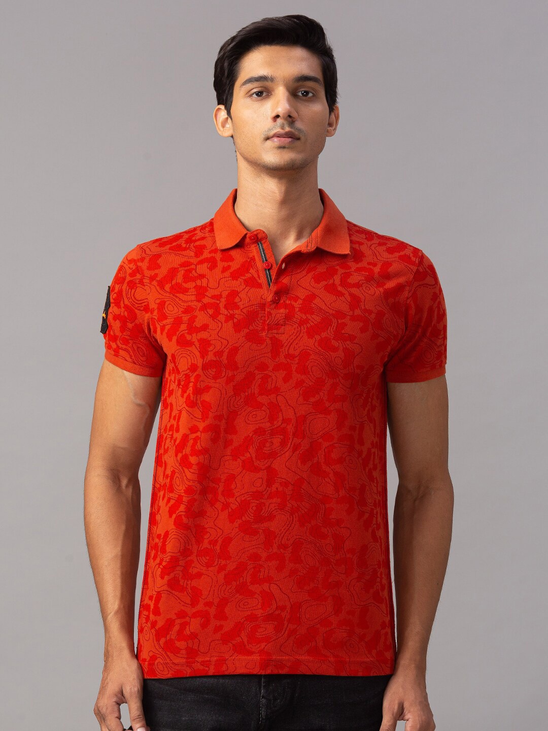 

SPYKAR Men Orange Printed Polo Collar Slim Fit Cotton T-shirt