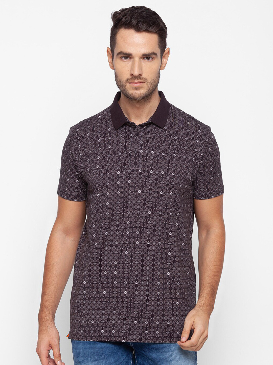 

SPYKAR Men Coffee Brown Printed Polo Collar Slim Fit T-shirt
