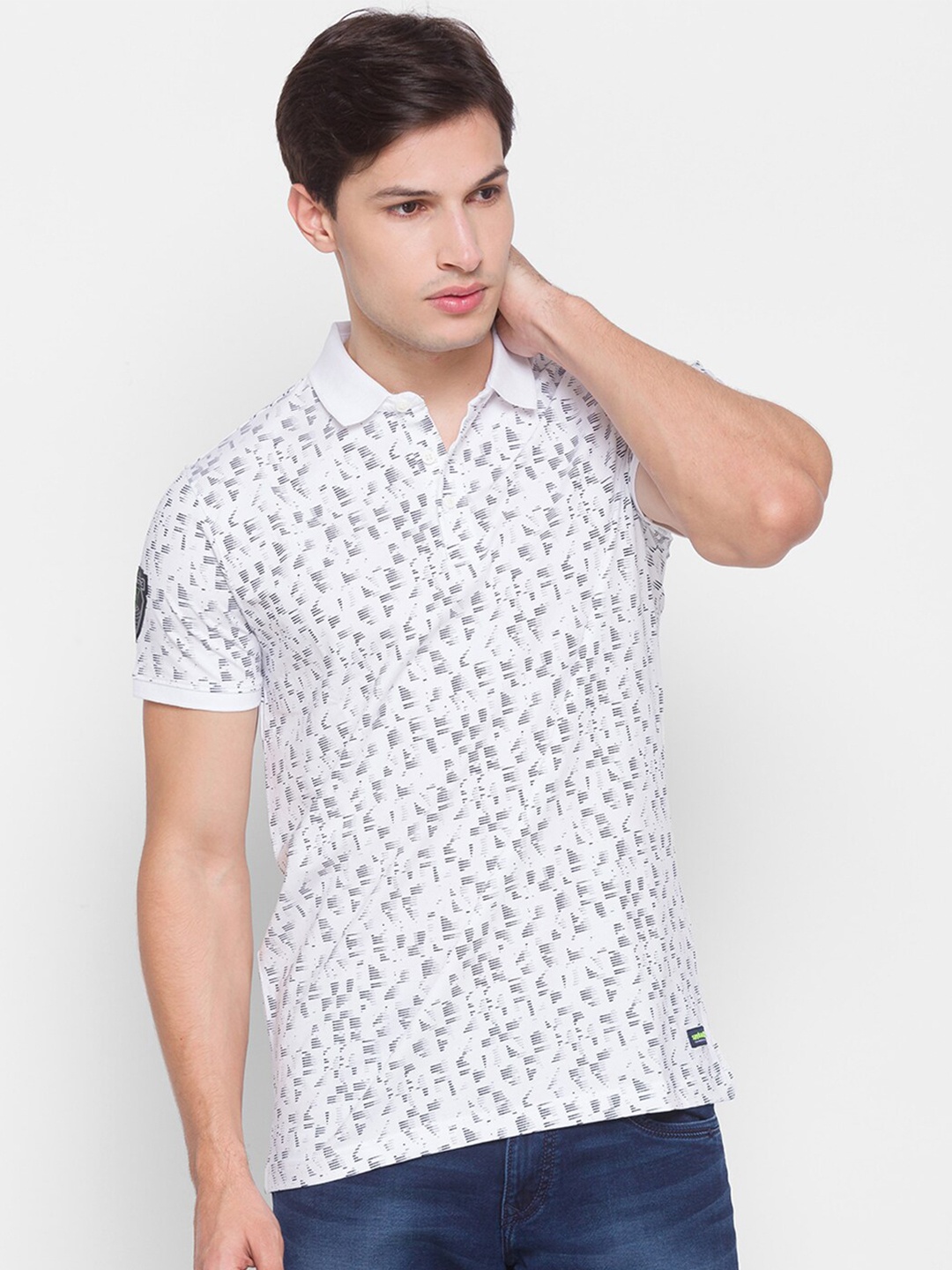 

SPYKAR Men White Printed Polo Collar Cotton T-shirt