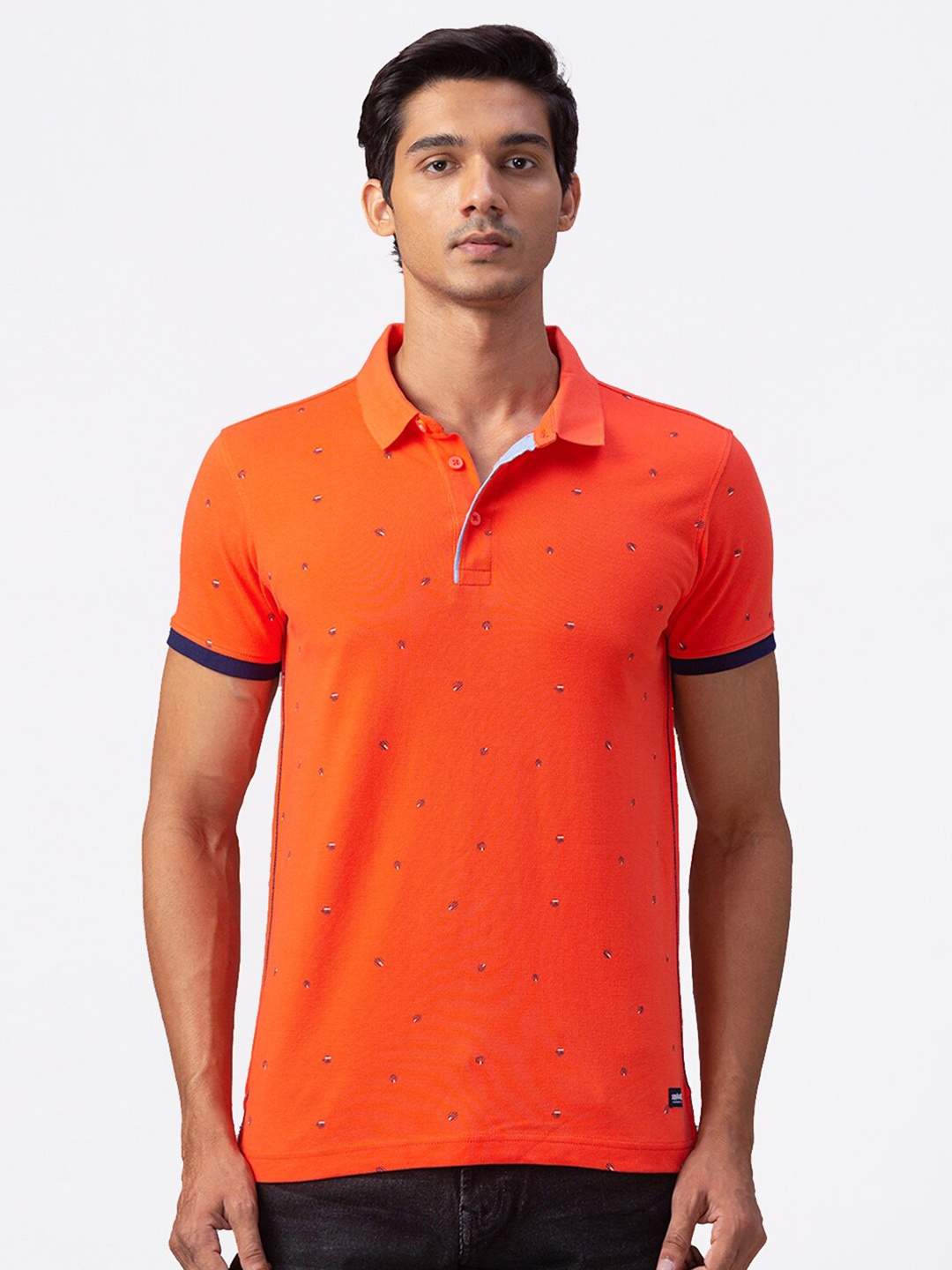 

SPYKAR Men Coral & Navy Blue Printed Polo Collar Slim Fit T-shirt