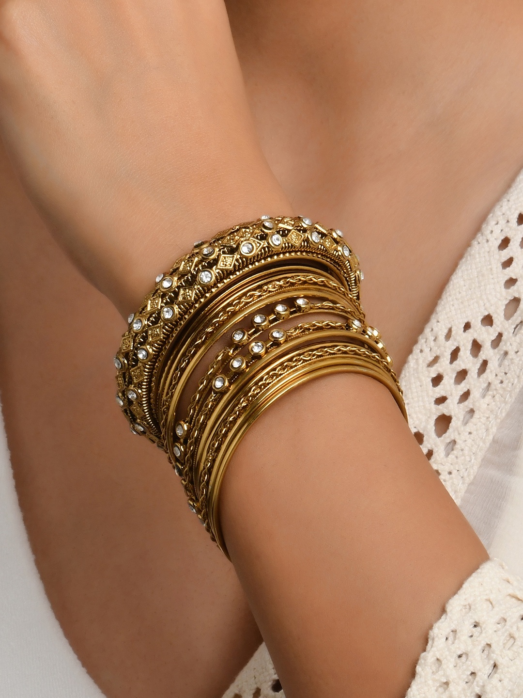 

Fida Gold-Plated White Stone Studded Bangle Set