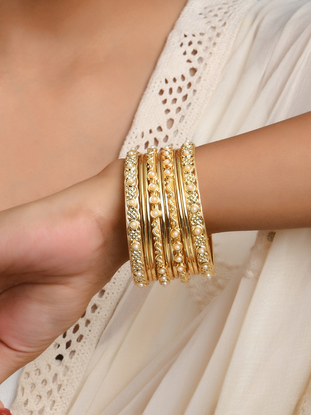 

Fida Gold-Plated & Toned White Pearl Beaded Bangle Set