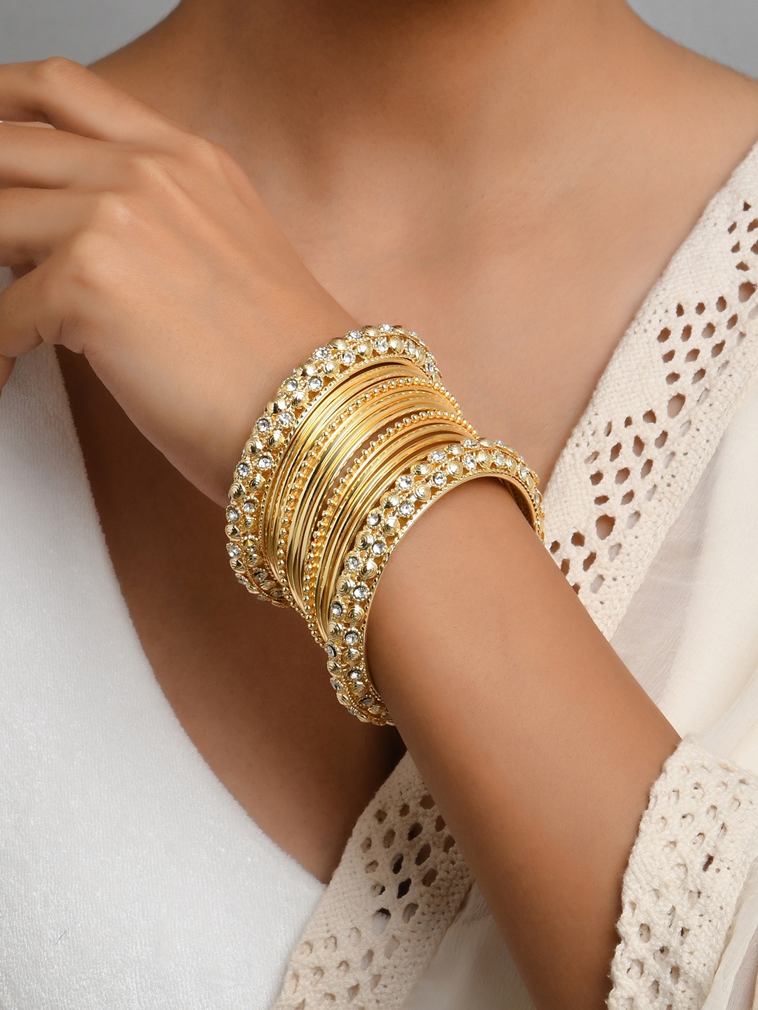 

Fida Gold-Plated White Stone Studded Bangle Set