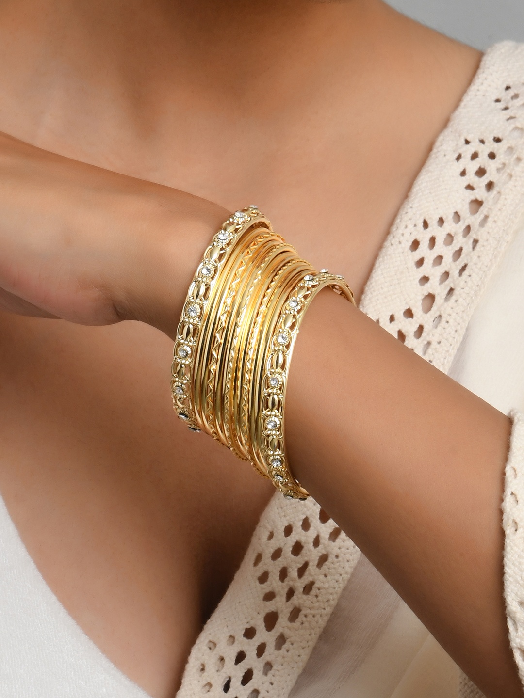

Fida Gold-Plated & Toned White Stone Studded Bangle Set