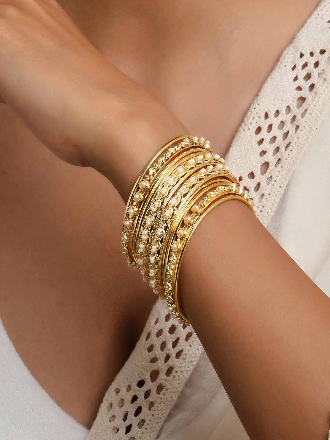 

Fida Gold-Plated White Pearl Studded Bangle Set